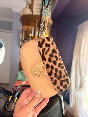 Henri Bendel chain wristlet tan calfskin leather with horse hair leopard accent